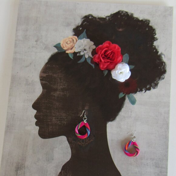 Peruvian Dangle Hoop & Mexican Floral Tassel Embroidered Dangle Earrings 3 Set - Picture 3 of 10